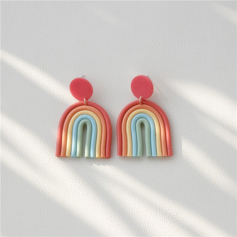 AOMU Ethnic Boho Gradient Ceramic Clay Rainbow Color Arched Colorful Line Handmade Long Dangle Earrings for Women Jewelry: 3