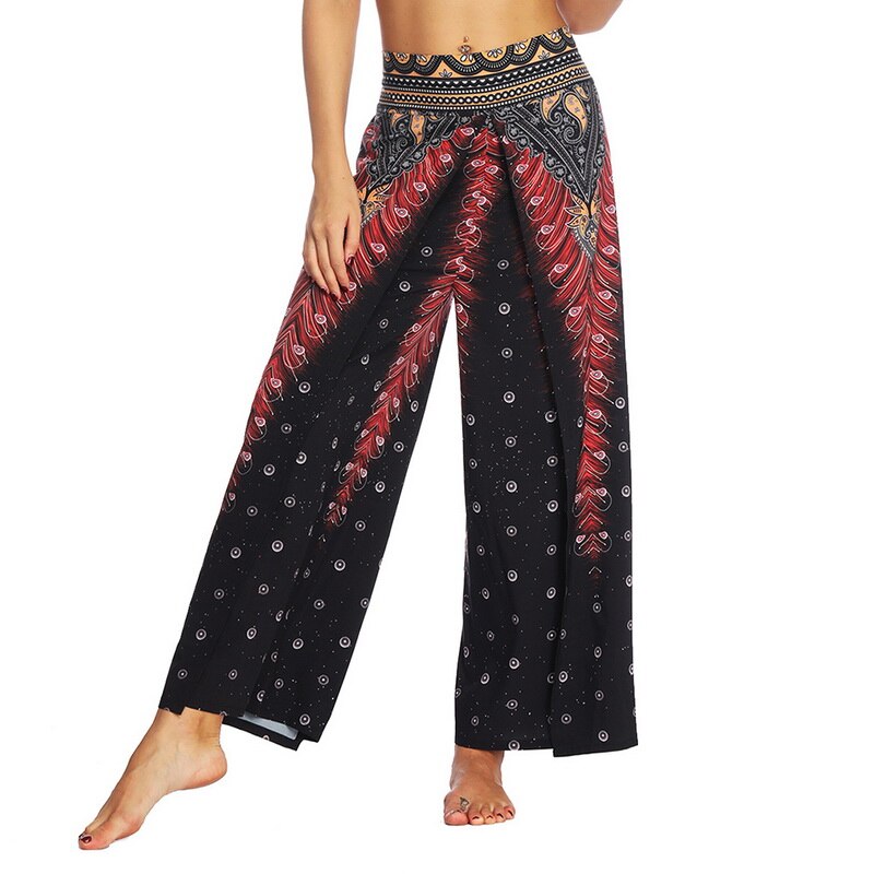 Womens Palazzo Slit Wide Leg Pants Summer Casual Beach Boho Print Pants Plus Size High Waist Gym Yoga Pants Sweatpants: 2 / L-XL