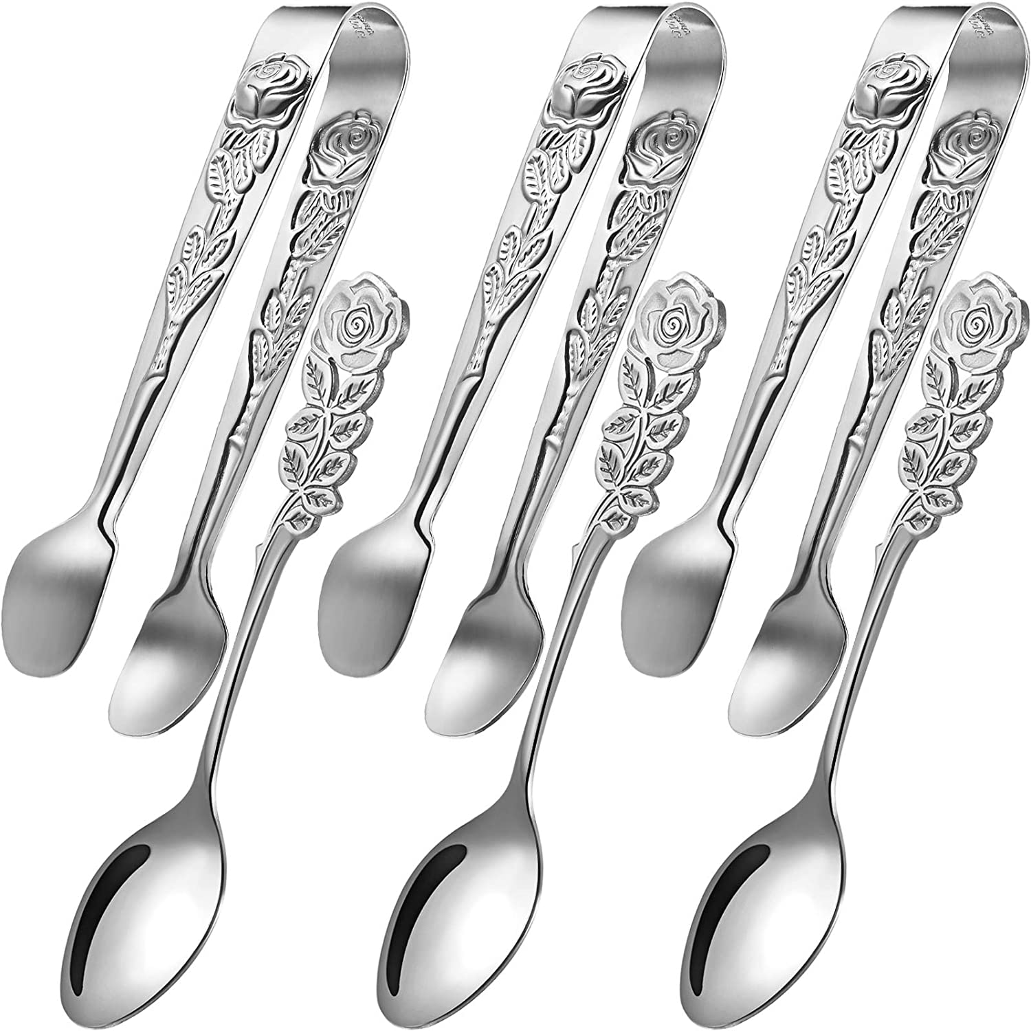 3 Pairs Suiker Lepel Tang Rose Suiker Tang Voorgerechten Tang Bloem Suiker Koffie Serveerlepels Voor Thee Koffie Party Keuken bar: Silver 6pcs