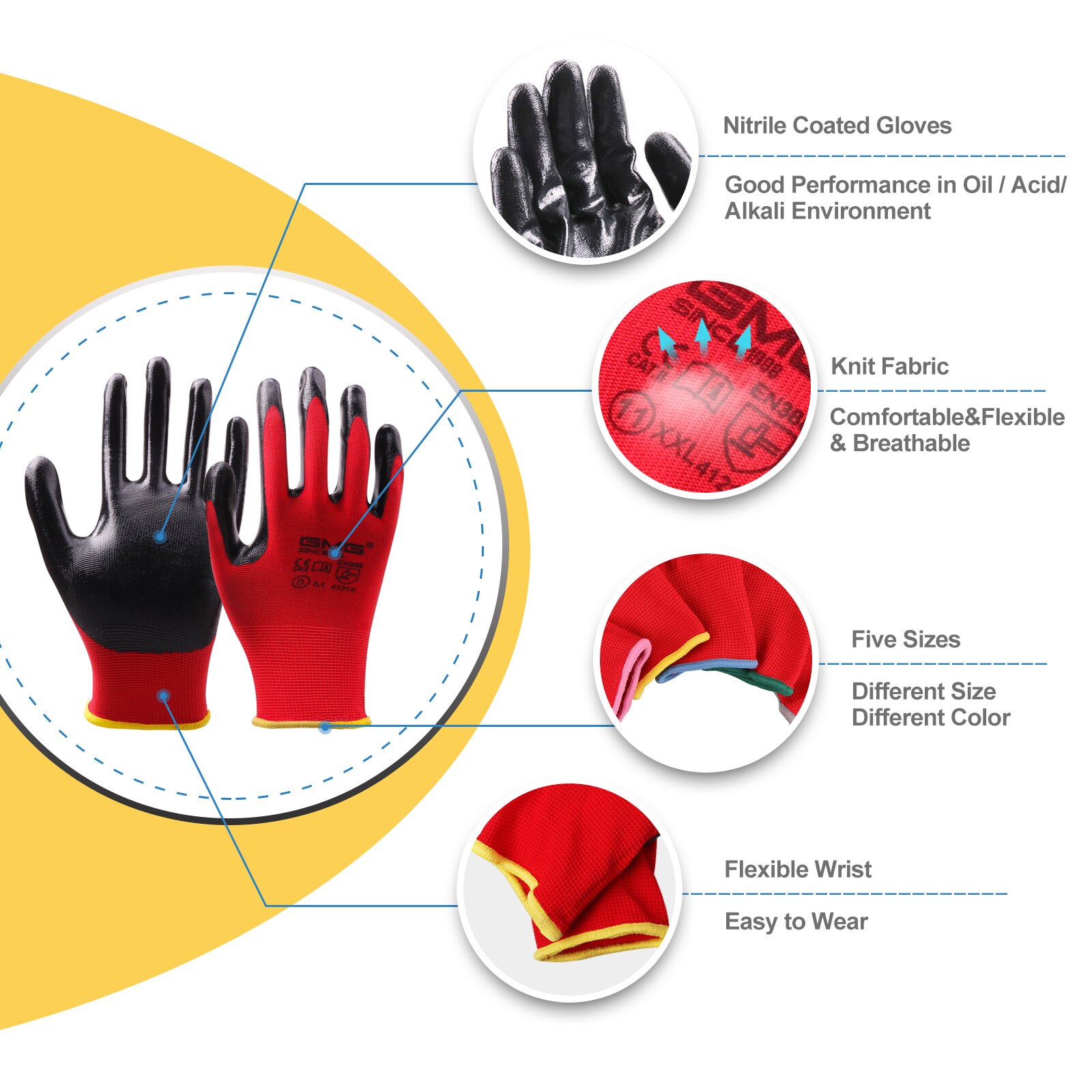 Gmg 6 pairs nitrilo luvas de trabalho segurança jardim mecânico de proteção automontagem pintura impressão bom aperto feminino masculino luvas à prova de óleo