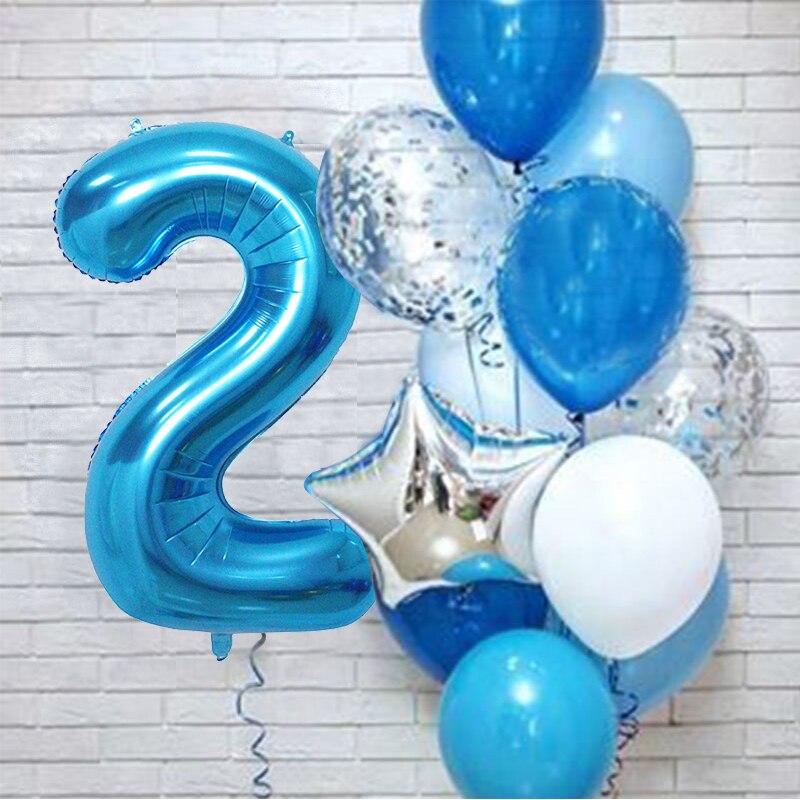 PartyLab 12Pcs/set Number Foil Latex Blue Balloons for Kids Birthday Decoration 1st One Year Birthday Boy Decor Baby Balloon: Number2 set