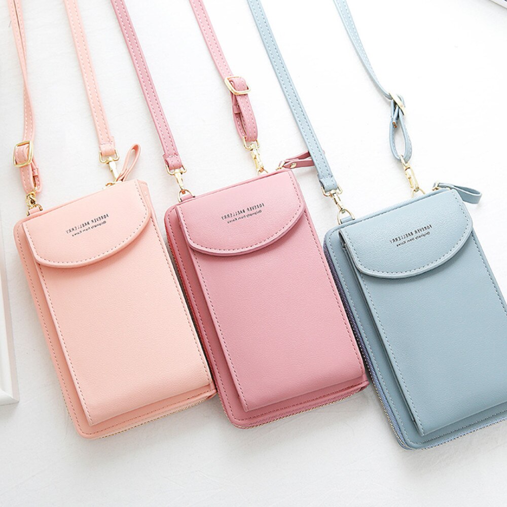 Women Purses Solid Color Leather Shoulder Strap Bag Mobile Phone Big Card Holders Wallet Handbag Pockets for Girls