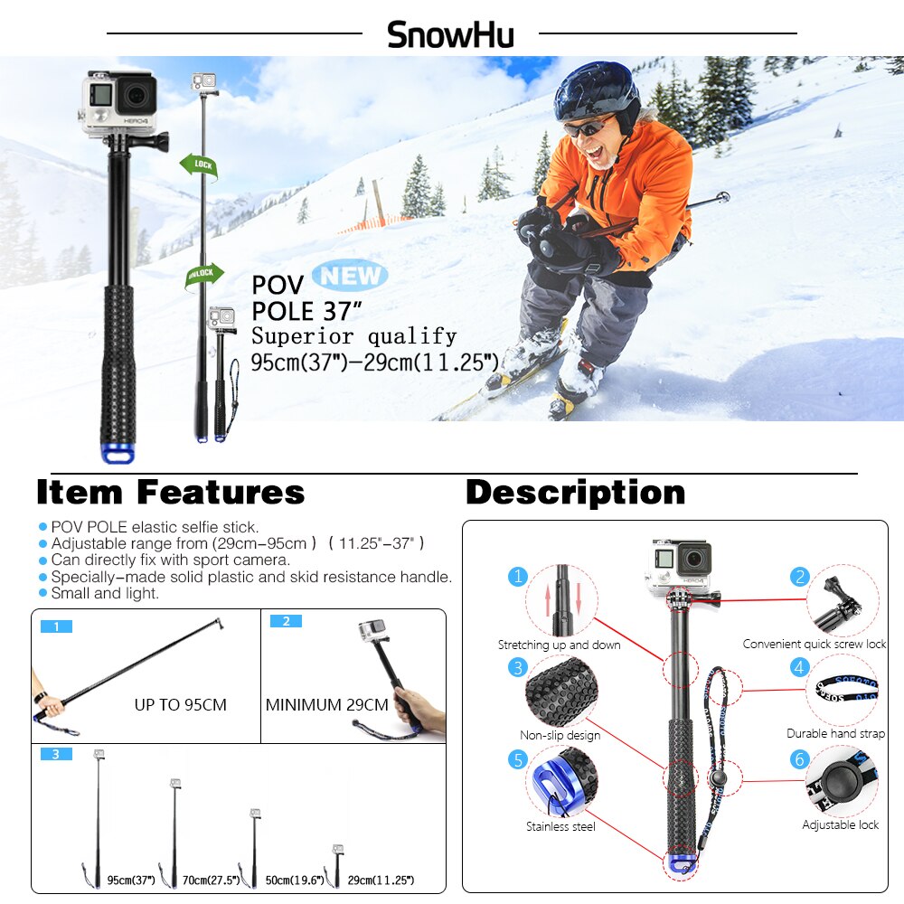 Snowhu action kamera selfie stick vandtæt 3- vejs greb stativ teleskopisk udtrækbar stang håndholdt kamera stativ selfie stick