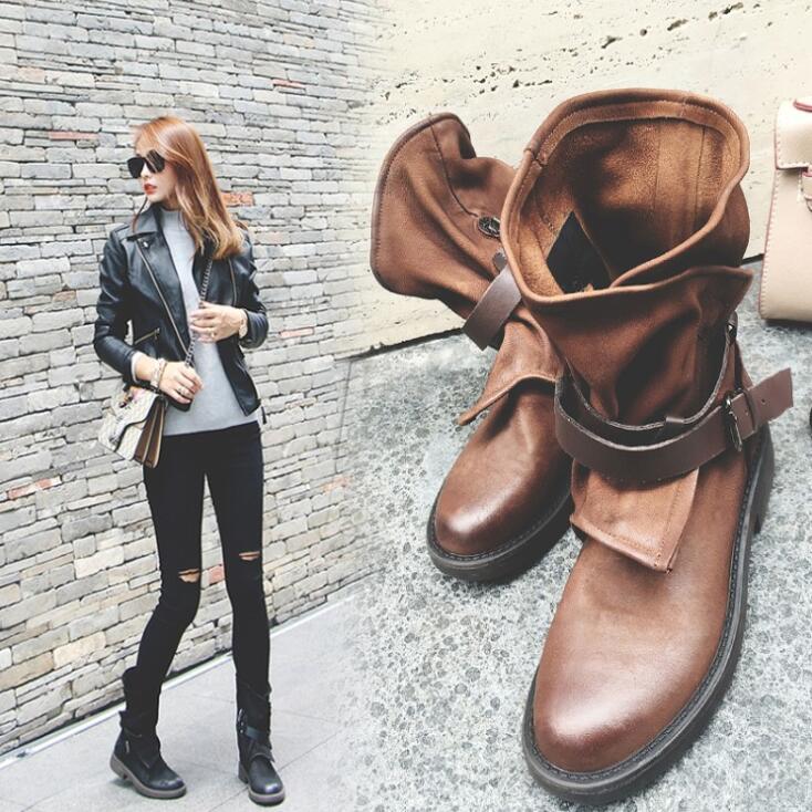 Frauen Jahrgang Mittlere Waden Stiefel Weiche Leder Schuhe Weibliche Herbst Winter Motorrad Stiefel Komfortable Frauen Botas 362