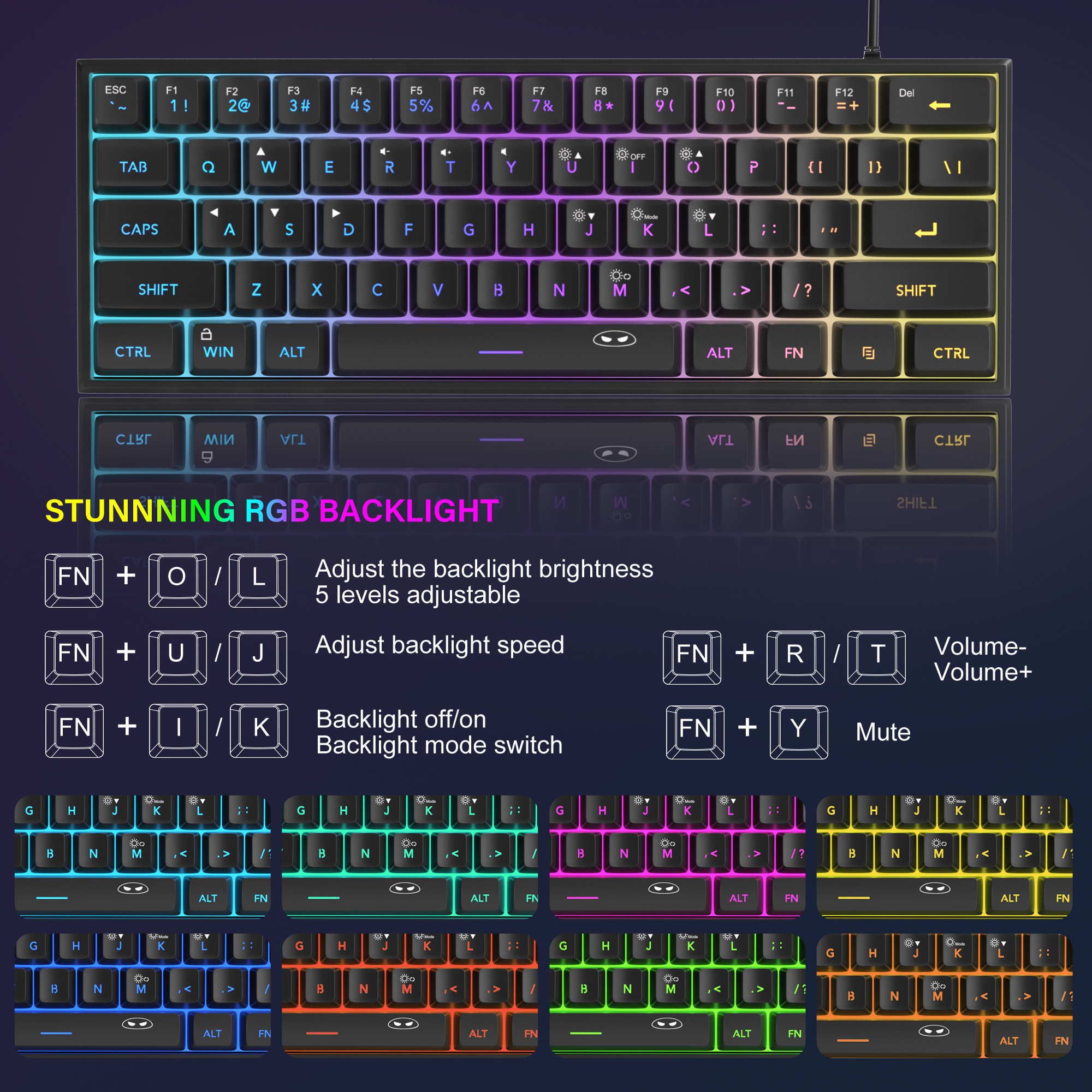 MageGee Mini teclado para juegos 60%, teclado ultracompacto retroiluminado RGB de 61 teclas, oficina de sensación mecánica impermeable ergonómica TS91