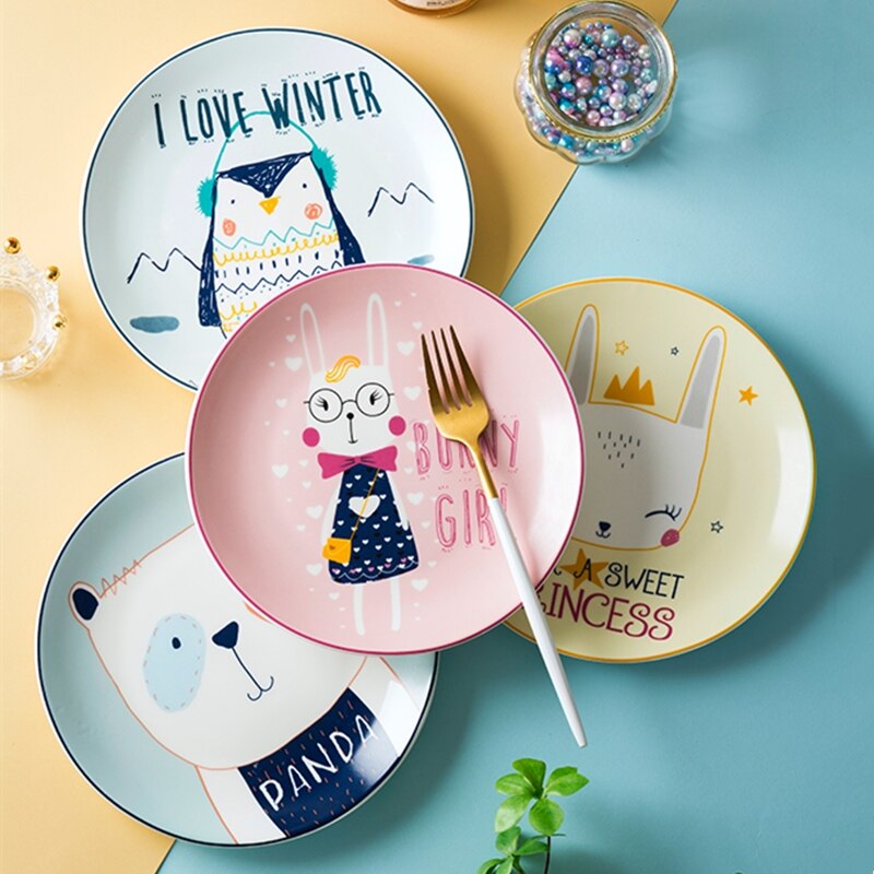Chinaware conjunto de placa 4 pçs bonito desenhos animados cozinha do agregado familiar porcelana talheres sobremesa salada pratos cerâmica esmalte placa: A  4pcs