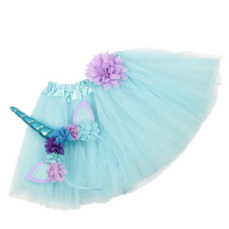 Vogueon criança do bebê tutu saia 9 cores elástico em camadas uma linha meninas arco tutu flor com unicórnio bandana para festa de aniversário: Blue Tutu Set