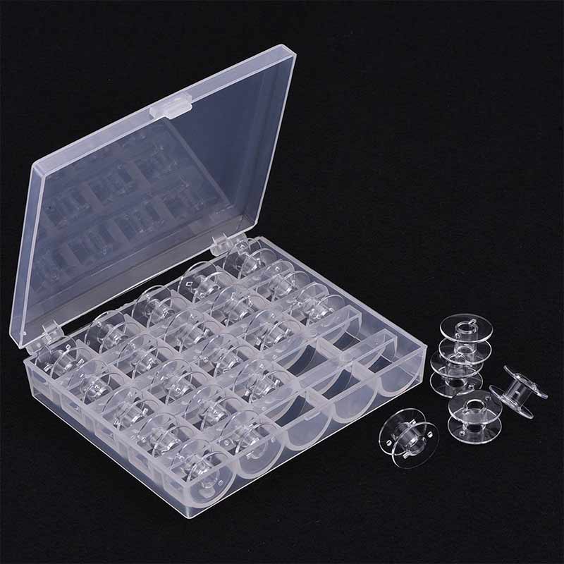 High 25Pcs Empty Bobbins Sewing Machine Spools Clear Plastic with Case Storage Box for Brother Janome Singer Elna UEJ