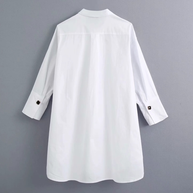 Novedad de , Blusa de popelina blanca informal con botones de decoración de estilo simple para mujer, abertura lateral de oficina con camisas, blusas elegantes LS6562