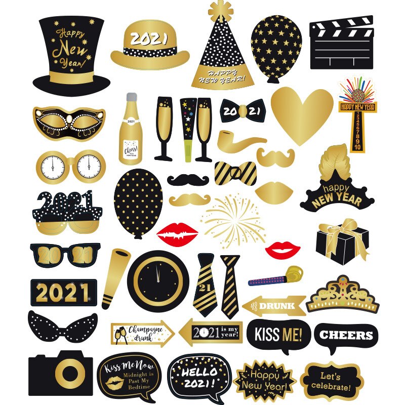 Maske røde læber champagne briller hat overskæg slips sort guld glitter foto rekvisitter til årsaften julefest forsyninger: 46 stk