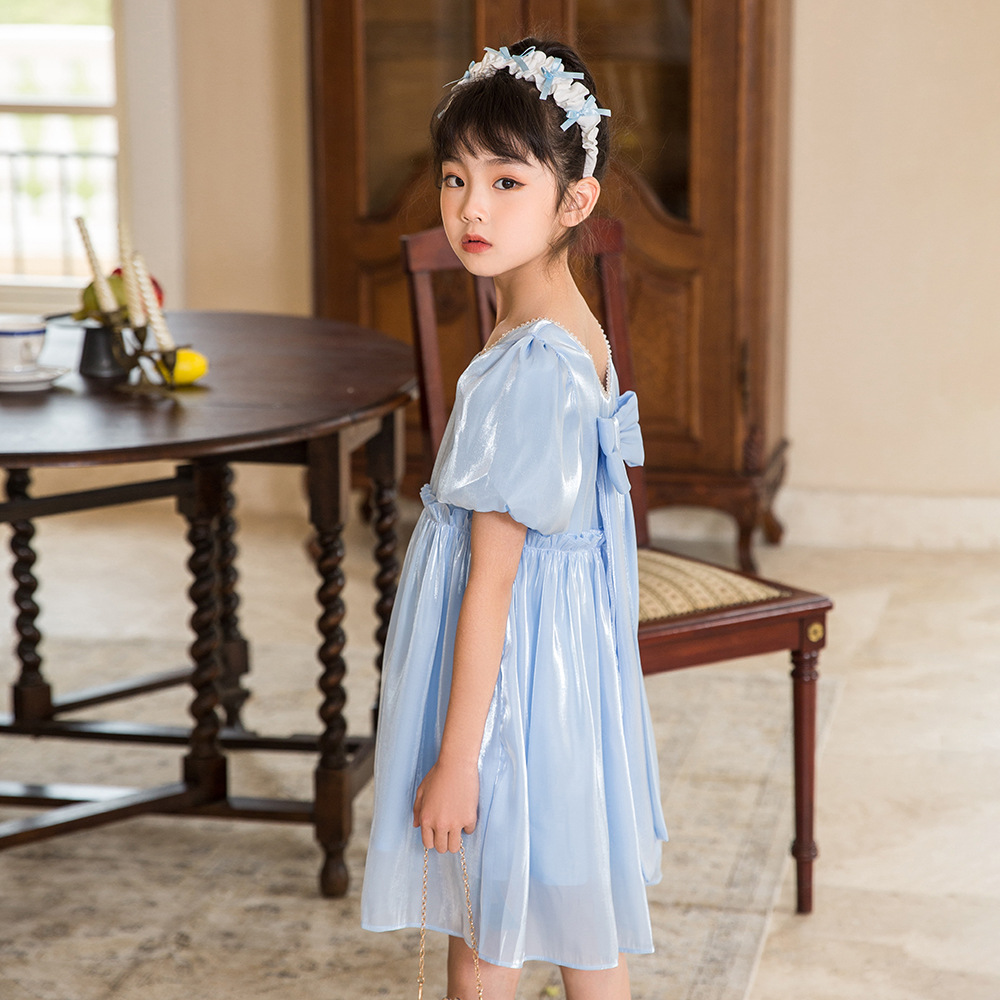 Prinses Jurk Voor Meisje Solid Mode Verjaardagsfeestje Jurken Zomer Pull Mouw Boog Kinderkleding Voor School Kids Leuke Jurk