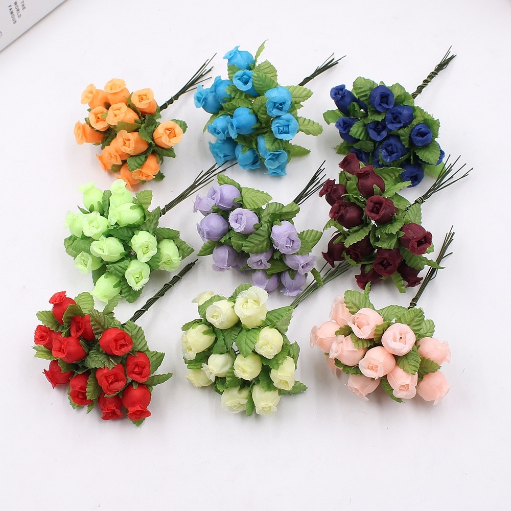 12 uds/paquete de seda artificial mini capullo de rosa cabeza de flor DIY ramo de flores caja de scrapbooking boda decoración de en casa