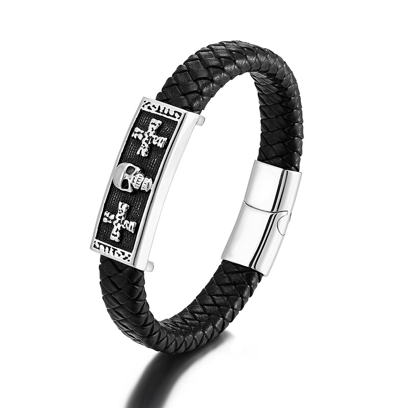 Punk Armband Rock Schedel Armbanden Magnetische Gesp Mannen Lederen Accessoires Touw Charm Armbanden Rvs Sieraden: Steel-black-3 / 19Cm