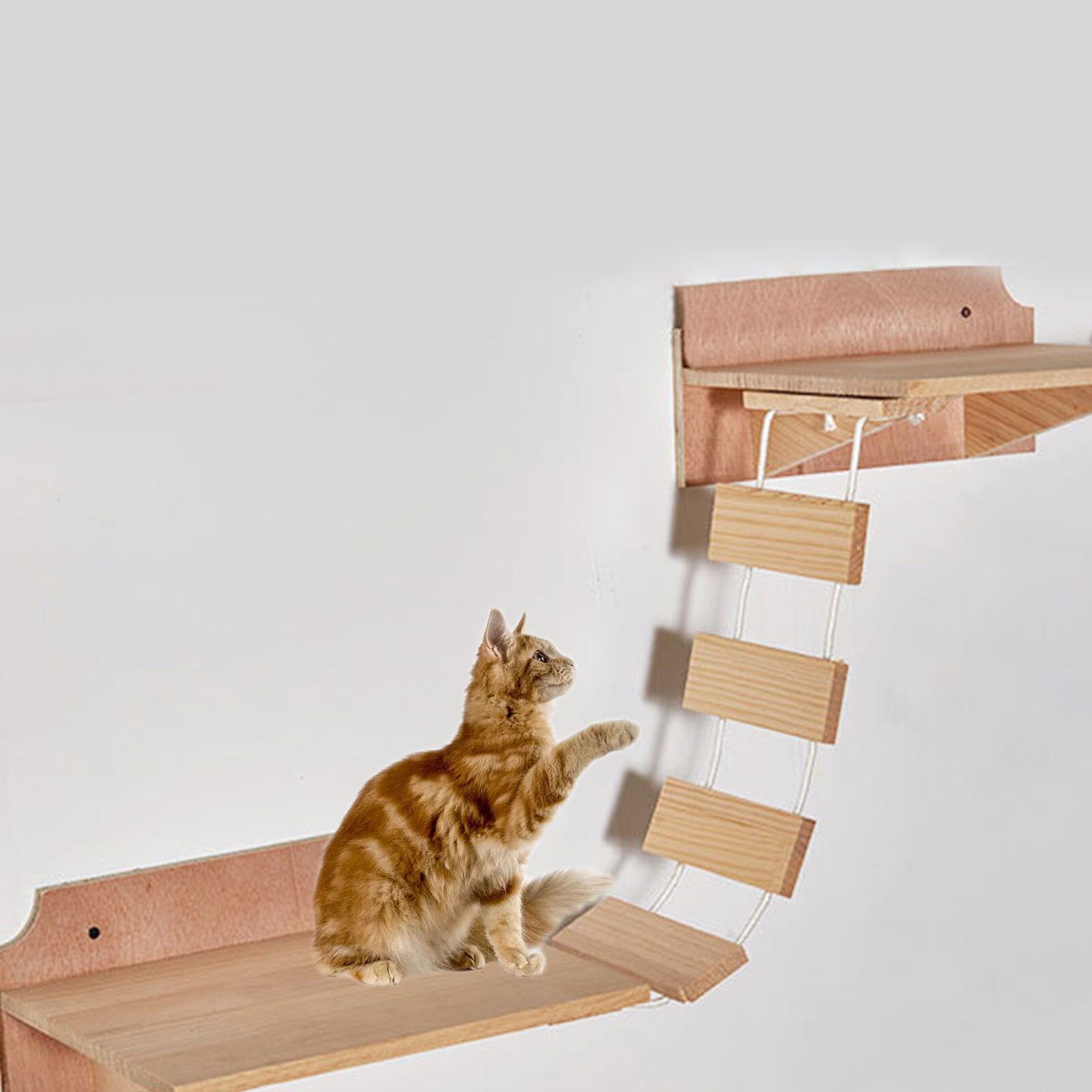 Kattbro klätterställning trä husdjur katt träd hus säng hängmatta sisal skrapstolpe kattmöbler katt leksak väggmonterad