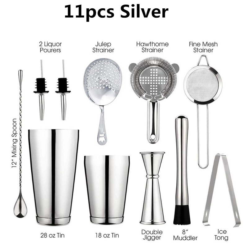 13 pçs/set aço inoxidável cocktail shaker gelo tong mixer bebida boston bartender browser kit barras conjunto ferramentas barra profissional: 11pcs Silver