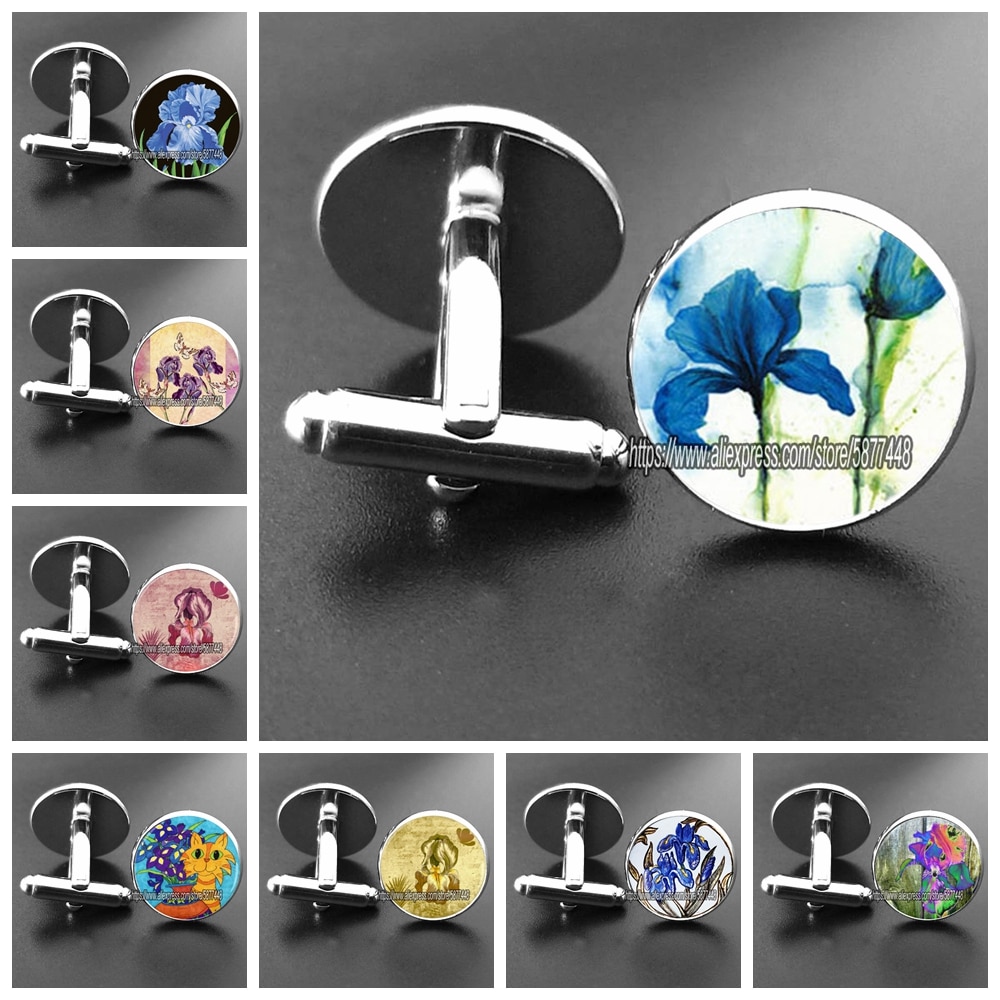 15mm blå iris glas cabochon kvinder manchetknapper lilla orkidé blomst jakkesæt skjorte manchetknapper mænd tilbehør