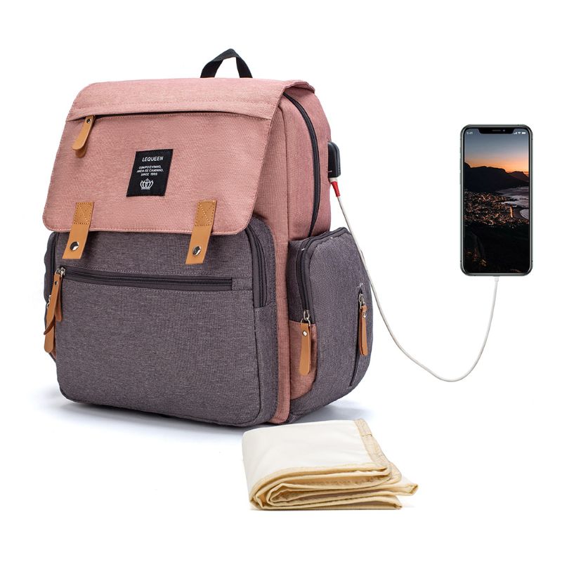 Multifunctional Baby Diaper Mummy Backpack Large Capacity USB Port Nappy Bag: 3TT904178-PK