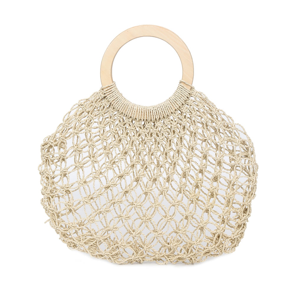 Kvinner håndveske håndlaget halm vevd rund håndtak ring tote stor kapasitet sommer strand bag