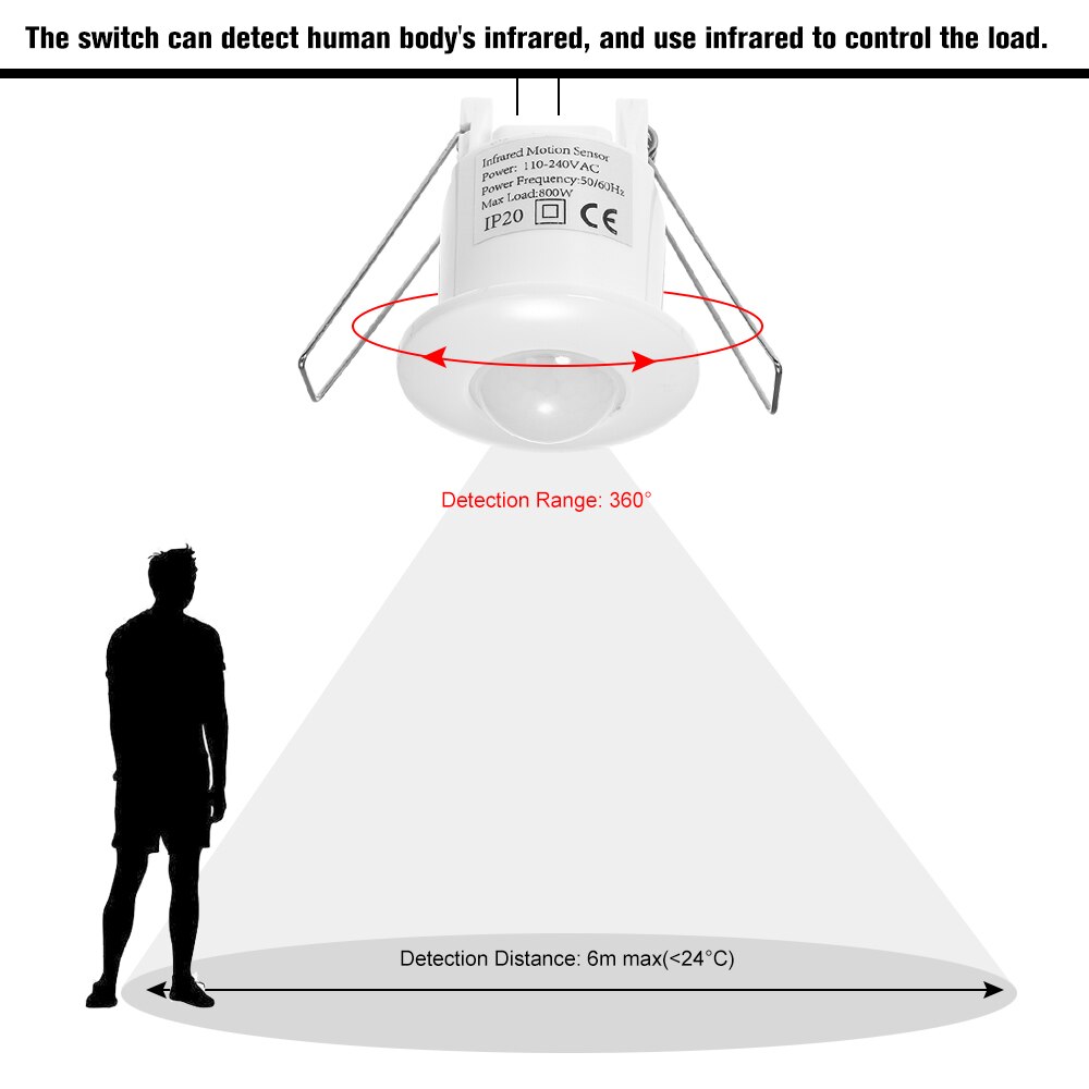 Mini Infrared Motion Sensor Switch 360 Degree PIR Detection Recessed Ceiling Occupancy Motion Sensor Detector Lamp Light Switch