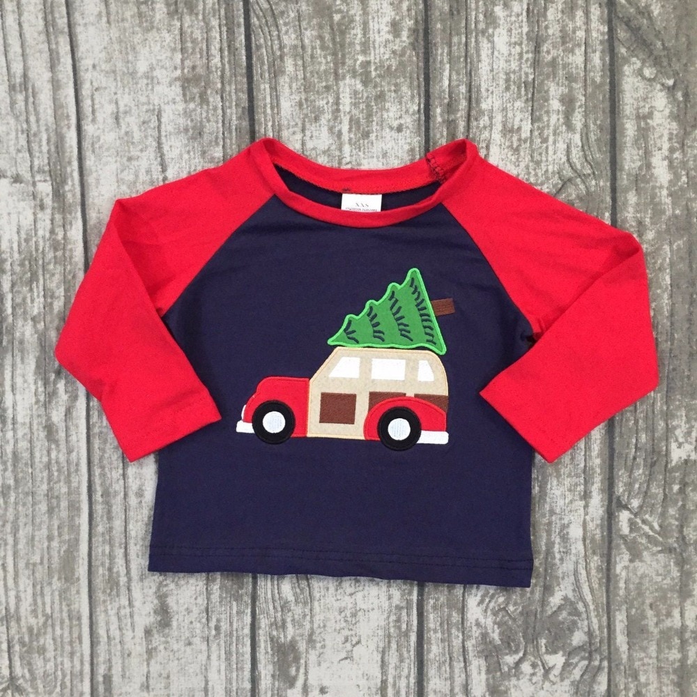 Kerst Herfst/winter baby jongens kinderen kleding boutique katoen top t-shirts raglans outfits rood navy auto kerstboom lange