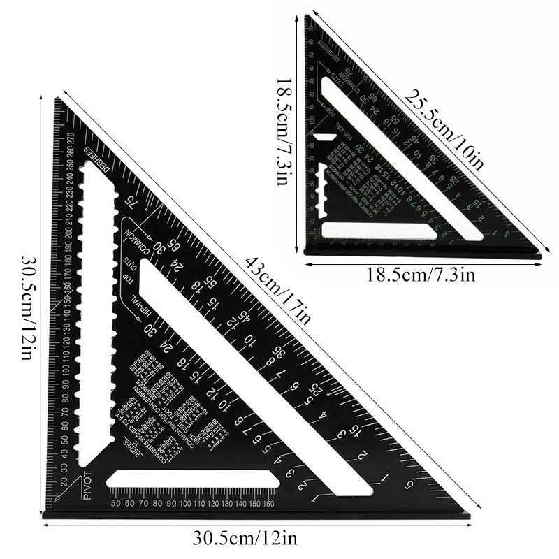 Black Angle Ruler 7/12 inch Metric Aluminum Alloy Triangular Measuring Ruler Woodwork Speed Square Triangle Angle Protractor
