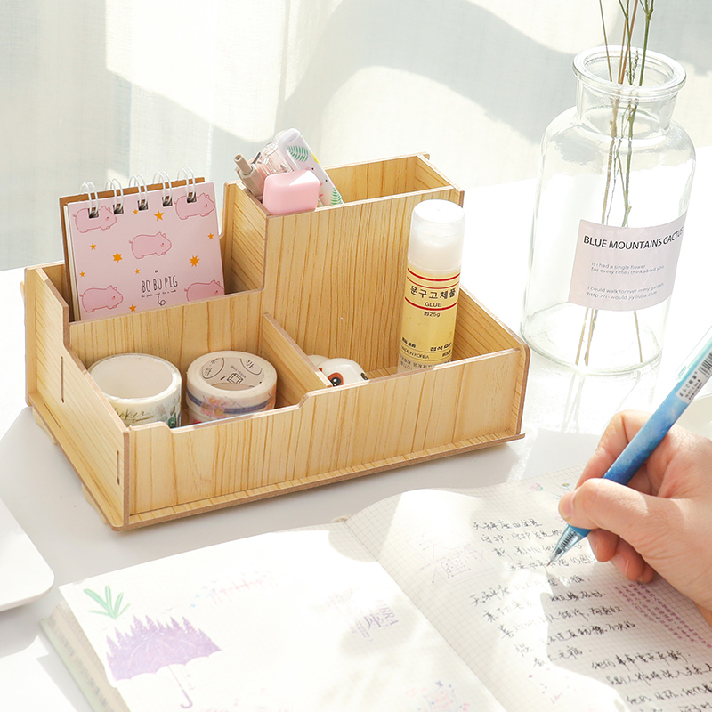 wood pen holder Office sundry sorting box table top cosmetic storage container stationery