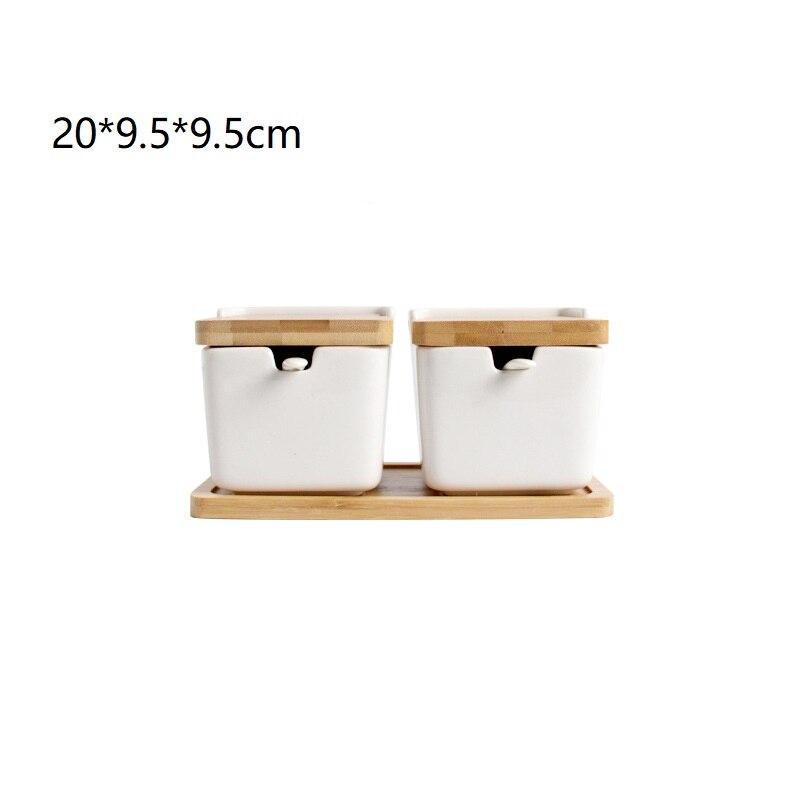 Japansk stil husholdning keramisk krydderflaske sett krydderboks kjøkken salt shaker med bambus lokk skje firkantet lagringsprodukt: 2
