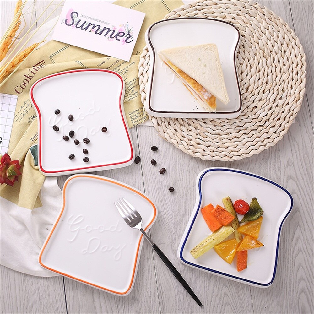 1PC Square Embossed Ceramic Plate Breakfast Toast Plate Fruit Bread Display Cake Tray Salad Plate Kid's Kitchen Tableware