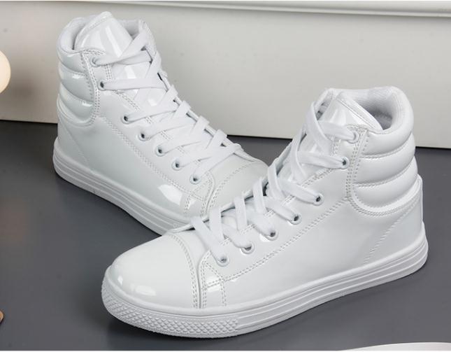 women and Men&#39;s High Top Patent Leather PU Casual Flats Shoes Man Outdoor Footwear Leather Ankle Boots Mens Martin Boots