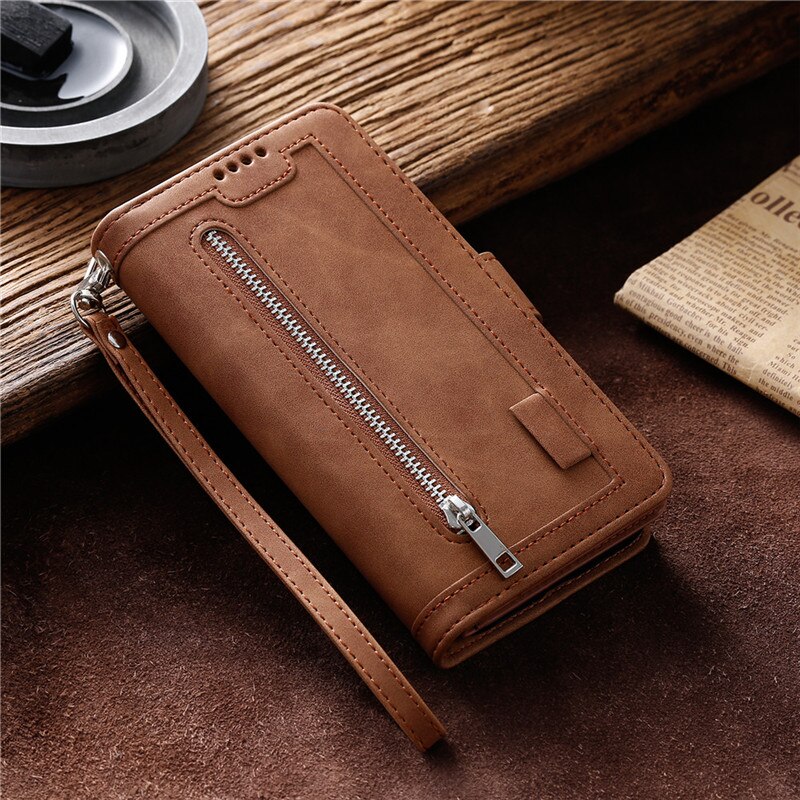 Luxe Zipper Wallet Note9S Case Voor Xiaomi Redmi Note 9S 9 Pro Max Note9pro Retro Lederen Kaartsleuven Boek telefoon Bag Cover Coque: Redmi Note9Pro(Max) / Brown