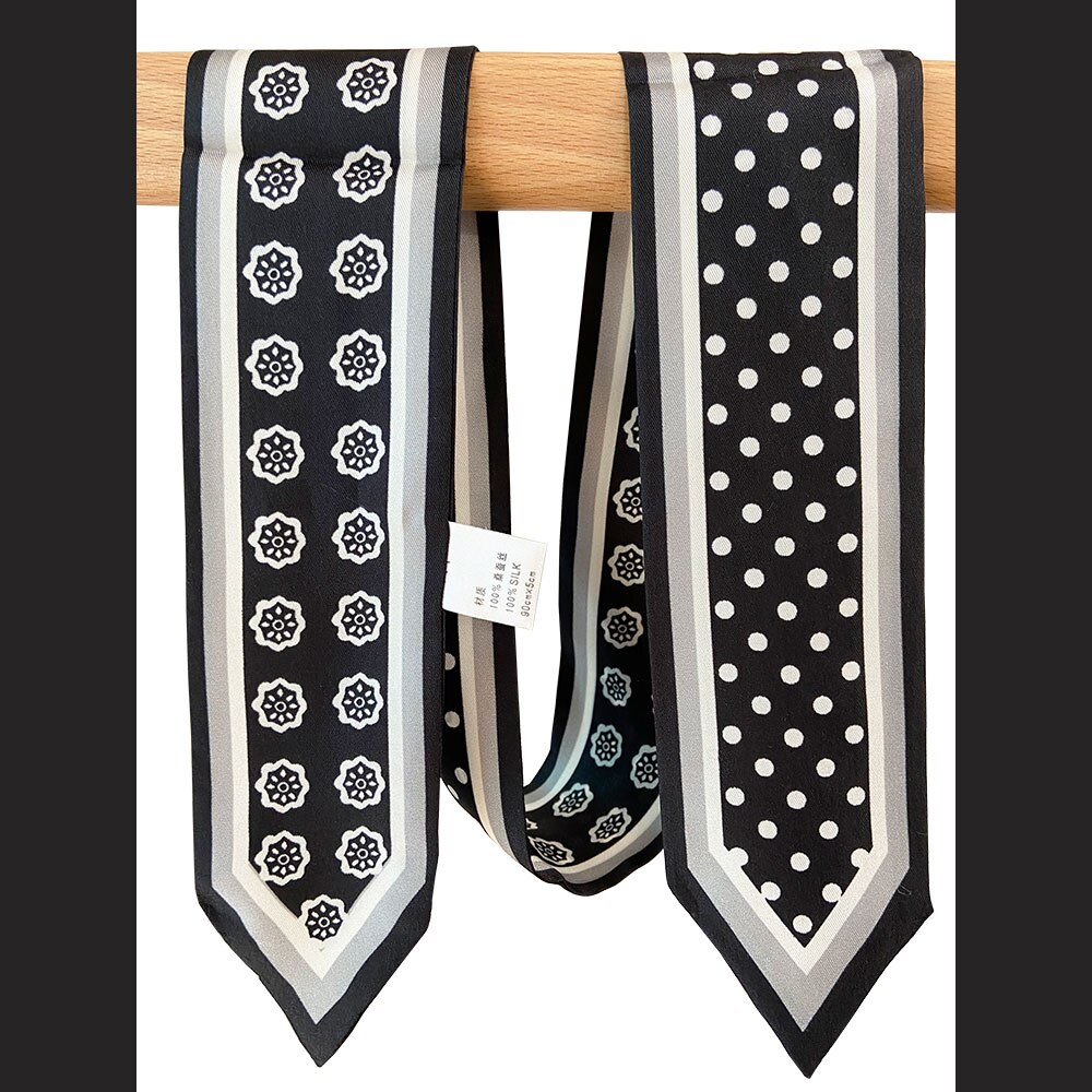 High Natural Silk Skinny Scarf Women Necktie Female Neckscarf Bag Decor Ribbon Long Narrow Neck Tie Scarves for Women: Flower and dot A