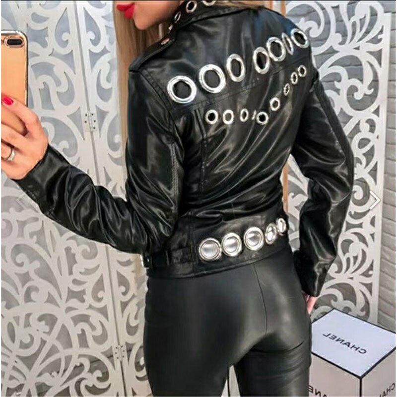 Chaqueta de cuero de las mujeres de Otoño de nueva desenfadada de la PU de cuero de las mujeres chaqueta Casual ropa informal suelta de Metal agujero mujer chaqueta