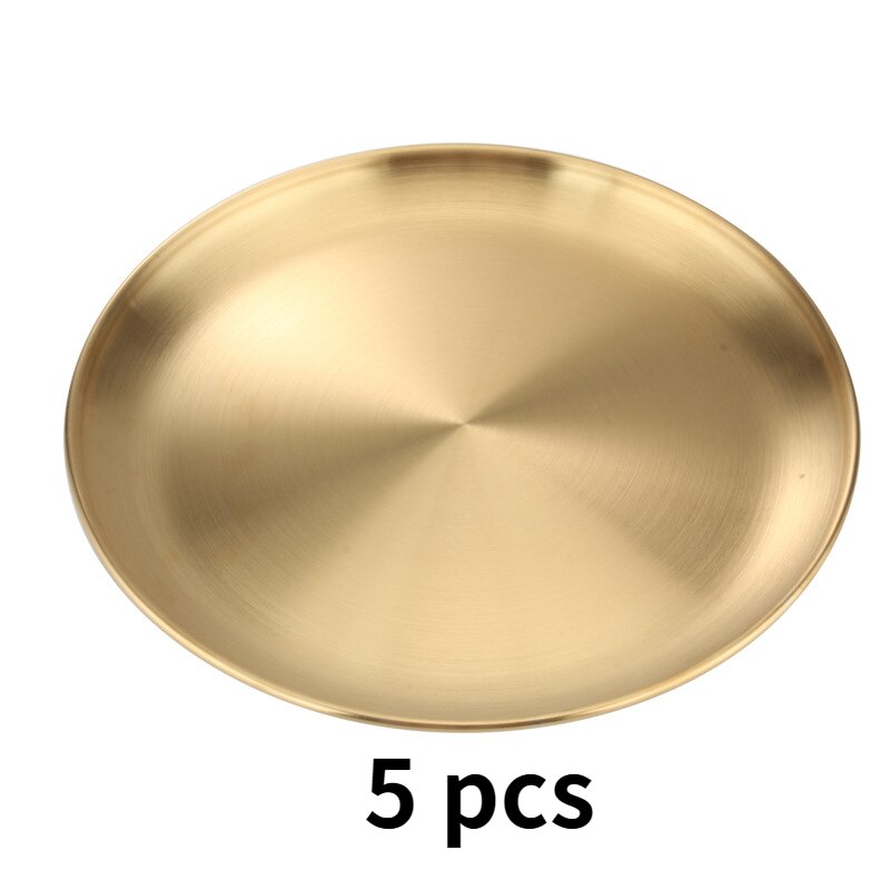 5pcs Dinner Plates Gold Dining Plate Serving Dishes Round Plate Tray Western Steak Round Tray Kitchen Plates set Stainless Steel: Golden / 23cm 5pcs