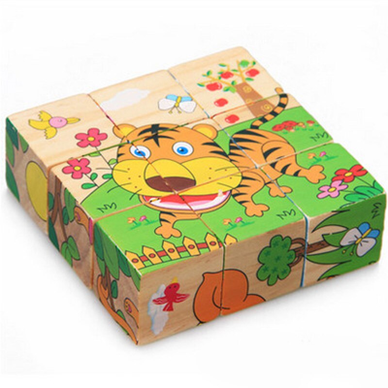 Holz Spielzeug Kinder Puzzle 3D 9 Stück Sechs Seitige Lernen Spielzeug Für Kinder Frühe Pädagogische Tier Obst Muster Kinder: Forest Animals Tiger