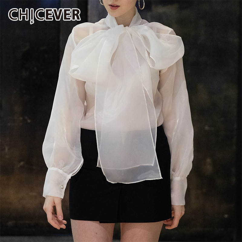 Chicever sommer hvid mesh perspektiv dame bluse sløjfe krave lanterne ærme løst kvindelig top tøj