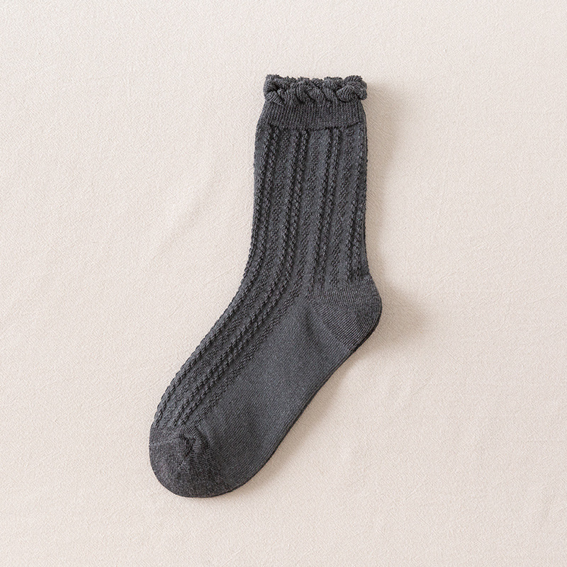 Frilly Ruffle Socks Japanese Style Kawaii Cute Cotton Woman Socks Harajuku Retro Casual Solid Color White Black Beige Crew Socks: Dark Gray