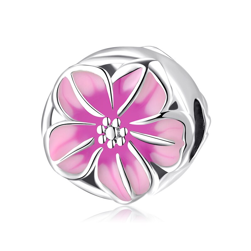 Pink Enamel Flower CZ Charms Beads Dangle Bud Silver 925 Fit Original JIUHAO Charm Bracelets Pendant Jewelry Making: PC0161