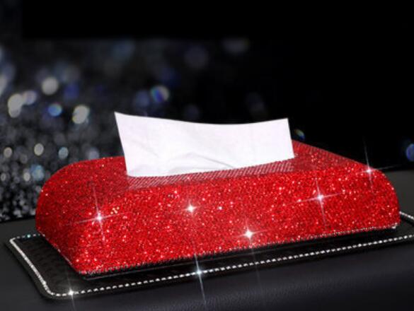 Bling Crystal Car Tissue Box Armrest Diamond Leather Auto Tissue Paper Holder Case Sunvisor Hanging Napkin Car Accessories: Red