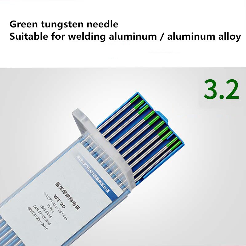 10Pcs For AC Tig Welding Pure Tungsten Electrodes WP Green Tip 1.0/1.6/2.0/2.4mm: 3.2mmx150mm