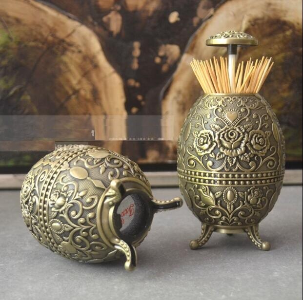 European egg shape bronze automatic toothpick holder toothpick dispenser tandenstoker houder toothpick box for kitchen YQT022