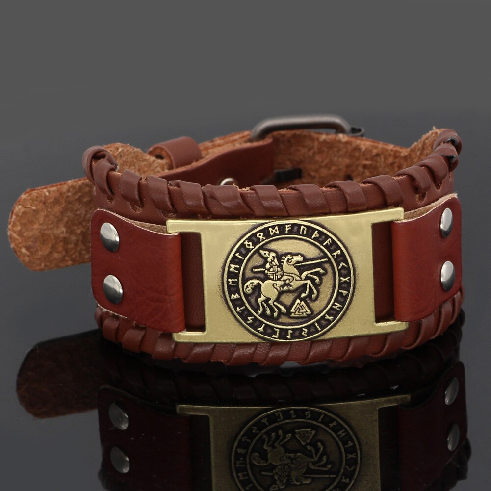 nordisch Wikinger Odin reiten Sleipni Rune leder amulett Armbinde-einstellbare größe 19-31 cm: qingzon