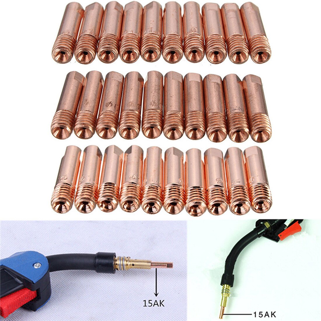 Soplete de soldadura MIG/MAG, punta de contacto, boquilla de Gas de 0,8/1,0/1,2mm, accesorios de soldadura Mig/MAG, 10 Uds.-15AK M6 * 25mm