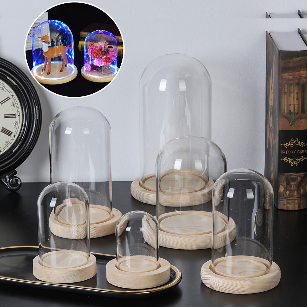 Glas cloche krukke display stand dække terrarium flaske med træ base akryl støv dække display kasse udødelig blomsteræske