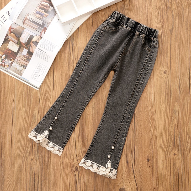 Jeans en dentelle perlée pour adolescentes, pantalons en denim pour filles, pantalons monochromes à la taille pour enfants, bas à cloche décontractés, nouvelle: Marron / 16