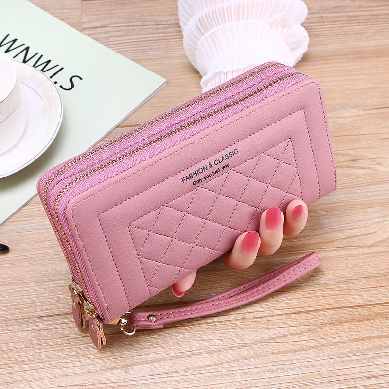 Podwójny długi portfel z zamkiem dla kobiet duża pojemność wysokiej jakości Pu skórzane portfele saszetka typu Clutch torebka Carteras Para Mujer