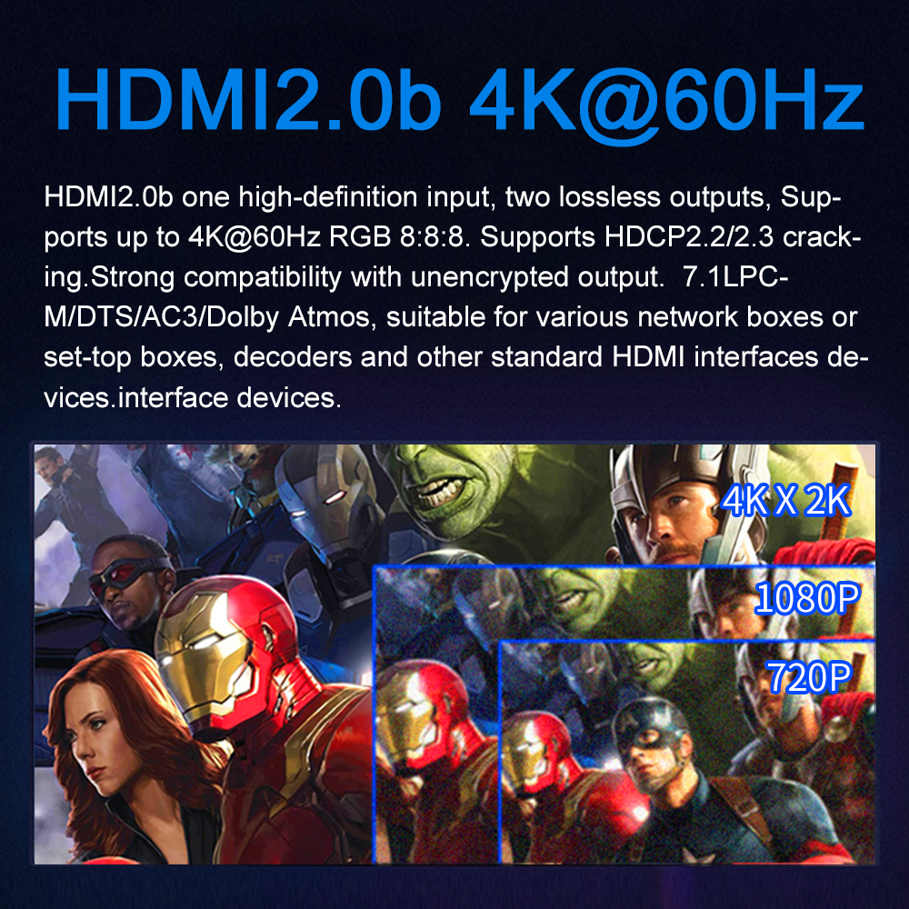 Hdmi 2.0b 1 x 2 splitter 4k @ 60hz uhd 1 in 2 ud kun hd lydudtrækker hdcp crack 7.1ch dolby atmos til ps tv-boks