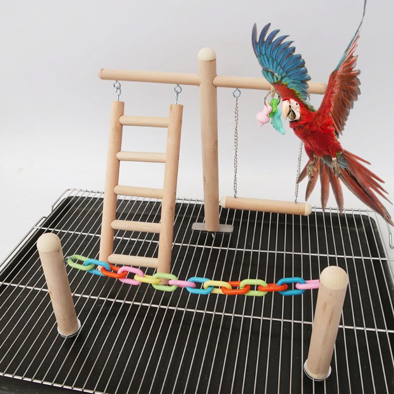 Soporte de jaula para pájaros, juguete de gimnasio, percha de madera para patio, loro, escalera de escalada, cadena para masticar
