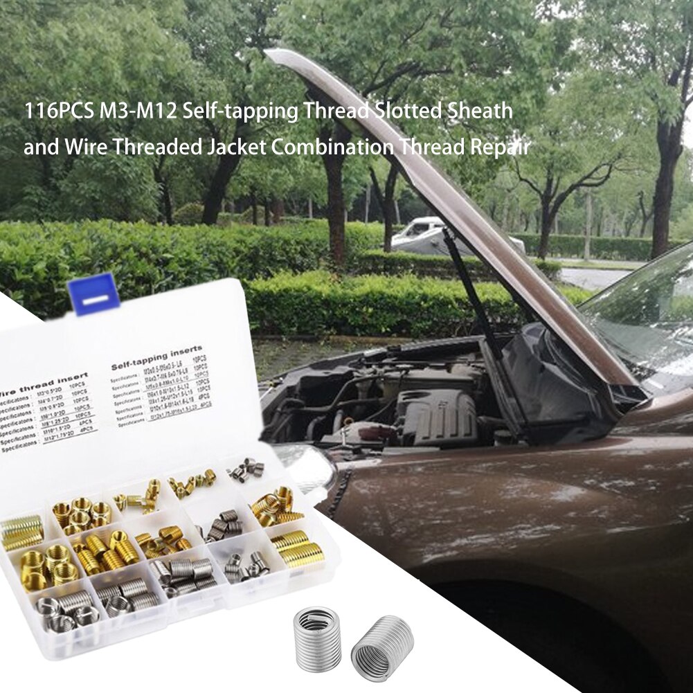 116PCS M3-M12 Self Tapping Thread Slotted Inserts Set Thread Repair Tools set Thread Inserts kit Jacket Combination Threads