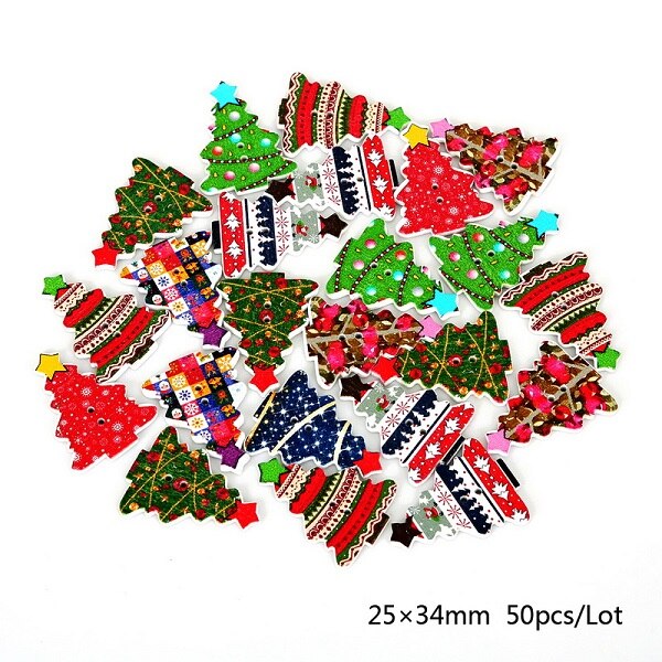 Botones decorativos de madera con patrón de árbol de Navidad, accesorio de , mezclado al azar, para álbum de recortes, costura, decoración, manualidades, 50 Uds.: 25X34mm