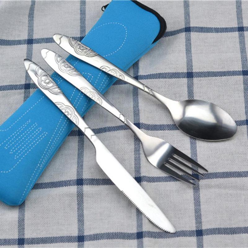 3 stk rustfrit stål bestik sæt bøf kniv gaffel ske med stofpose bærbart miljøvenligt service sæt